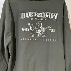 True Religion Olive Green Graphic Long Sleeve Tee with White Logo